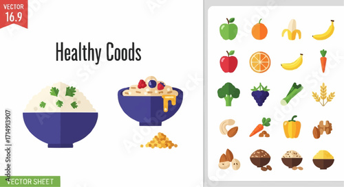Healthy eating healthy food bowl vector illustration with fruits vegetables grains and nuts for nutrition and diet plan 100 vector