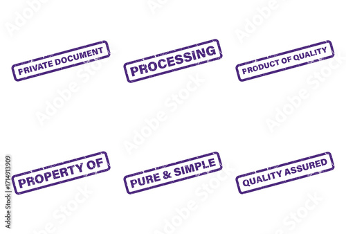 Six Purple Rectangular Stamp with Different Texts on a Transparent Background