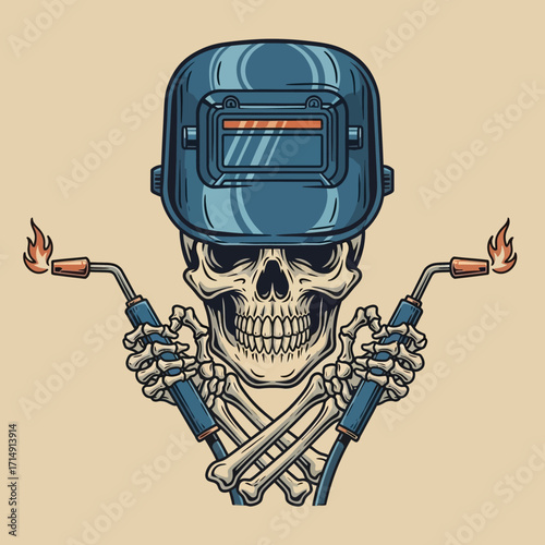 A skeleton wearing a welding mask and holding two welding torches with flames, symbolizing the dangers and intensity of welding.