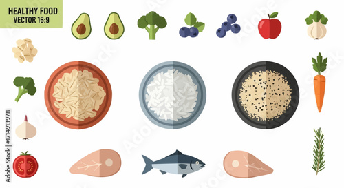 Healthy eating healthy eating food vector illustration with fresh vegetables fruits and protein sources for diet plan vector