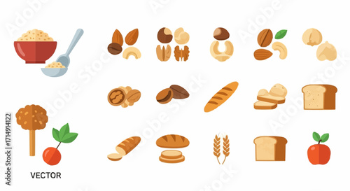 Healthy eating healthy food vector illustration, grains, nuts, bread, apple, and cherry for diet and nutrition concept vector