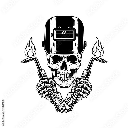 A monochrome illustration of a skull wearing a welding helmet, held by skeletal hands holding two flaming torches.