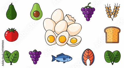Healthy eating healthy food illustration featuring avocado eggs grapes salmon spinach tomato and bread for diet plan vector