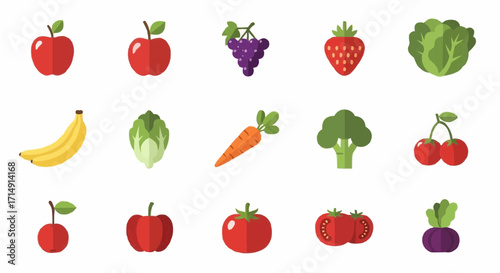 Healthy eating healthy eating fruits and vegetables vector illustration, food icons, apple, banana, grapes, strawberry vector