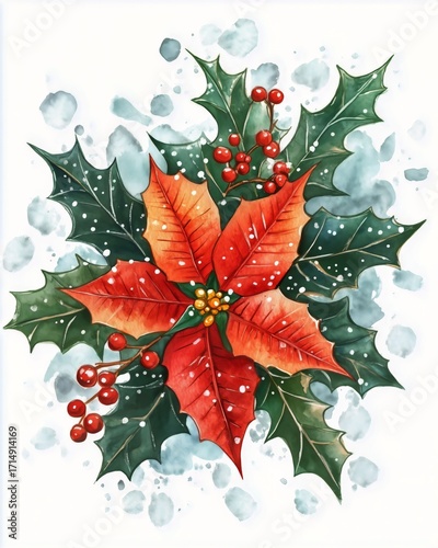 Beautiful Holiday-Inspired Botanical Illustration of Poinsettia and Holly Leaves