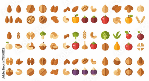 Healthy eating nuts and fruits vector illustration set, almond, walnut, cashew, apple, pear, healthy snacks collection vector