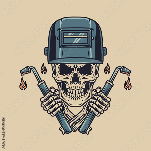 Skull wearing welding helmet, holding welding torches, vintage style graphic design.