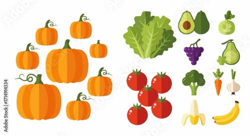Healthy eating illustration of fresh vegetables and fruits including pumpkins tomatoes lettuce avocado grapes and bananas healthy diet vector