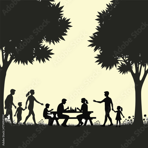Family picnic in park with trees and grass vector