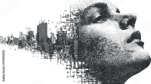 An abstract digital portrait blending a human face with urban elements and technology.