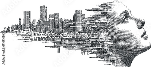 An abstract portrait merging human features with a cityscape, symbolizing urban life and innovation.