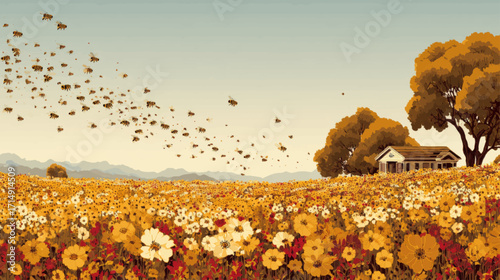 Flying honeybees over golden yellow flower field with hive background save bees awareness vector.