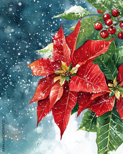 Bright Red Poinsettia and Holly Leaves With Berries for a Festive Holiday Dec...