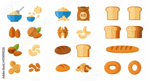 Healthy eating healthy breakfast foods vector illustration including bread nuts and cereal for nutrition diet concept vector
