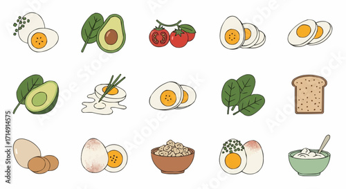 Healthy eating healthy breakfast food ideas with eggs avocado spinach tomatoes and bread for balanced diet and nutrition vector