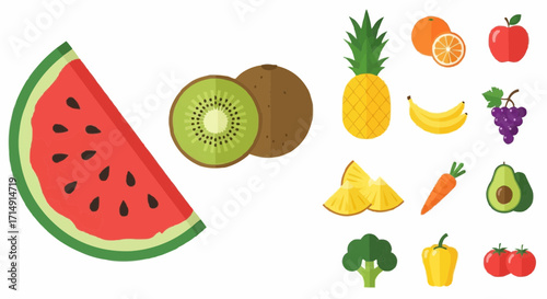 Healthy eating stock vector illustration of fresh fruits and vegetables including watermelon kiwi pineapple and more healthy food vector