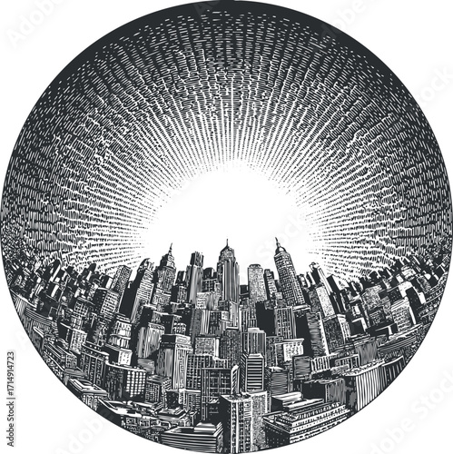 Artistic illustration of a city skyline in black and white with a radiant background effect.