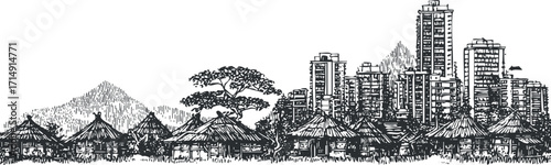 A stylized black and white illustration showcasing a city skyline juxtaposed with rural landscapes.