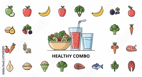 Healthy eating healthy eating food combination vector illustration featuring fruits vegetables and protein for balanced diet plan vector