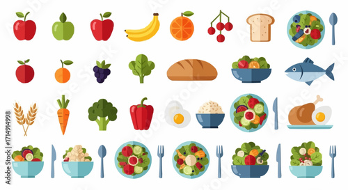 Healthy eating healthy food vector illustration featuring fruits vegetables protein and balanced diet meal planning concept vector