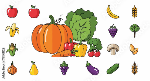 Healthy eating illustration of fresh fruits and vegetables including pumpkin apple banana corn grapes and more for healthy eating vector