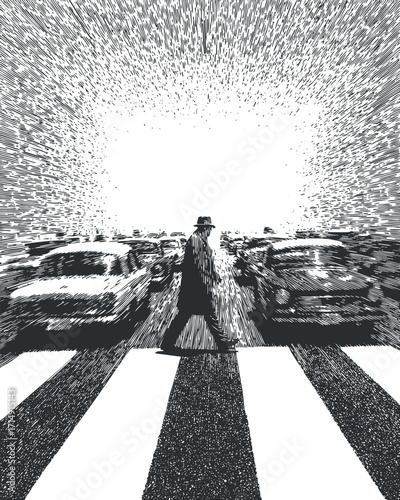 A dramatic monochrome scene of a person walking between vintage cars on a city street.