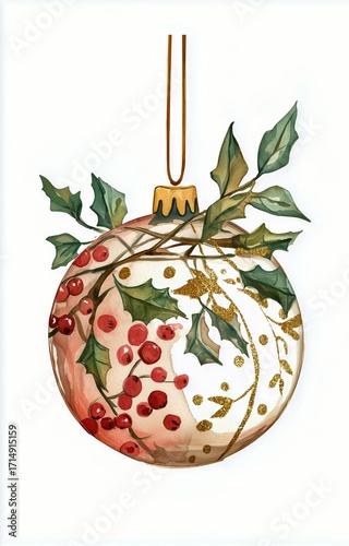 Decorative Holiday Ornament With Leaves and Berries Hanging on a String