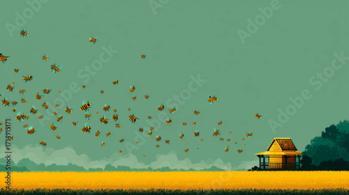 Buzzing swarm of bees flying across yellow countryside field with hive for save bees awareness.