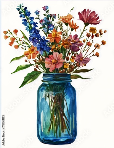 Colorful Wildflowers in a Blue Glass Jar on a White Background