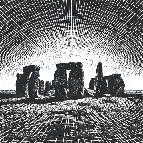 A stylized black and white illustration of Stonehenge showcasing its ancient stone structure and landscape.