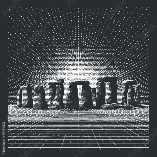 Stylized illustration of Stonehenge with geometric lines and a dramatic sunrise backdrop.