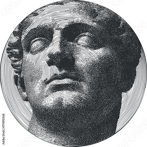 A detailed linear illustration of a classical sculpture head showcasing ancient artistry and craftsmanship.