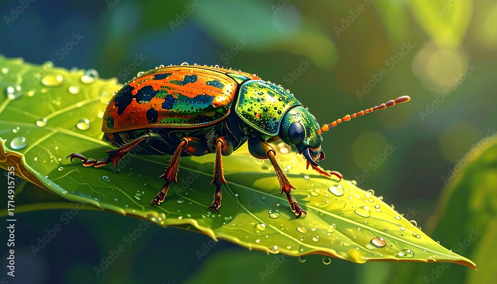 Fototapeta premium Vibrant beetle perched on a lush green leaf.