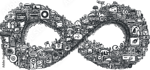 A creative illustration of the infinity symbol composed of various icons and designs.