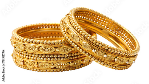 Elegant gold bangles, traditional indian jewelry, isolated on transparent background, showcasing intricate design and craftsmanship for festive occasions and cultural celebrations