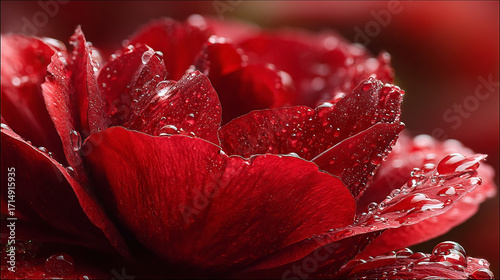 Close-up captures vibrant red flower petals with water drops