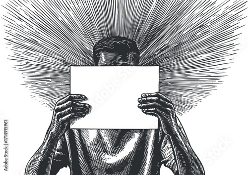 A creative illustration of a person holding a blank canvas with radiant lines in the background.