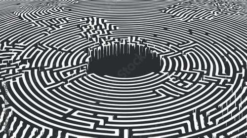 A top view of a complex black and white maze with intricate circular pathways and a central hole.