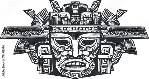 Intricate Aztec mask design showcasing ancient culture and artistry with tribal elements.
