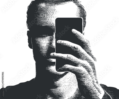 A monochrome illustration of a person taking a selfie with a smartphone.