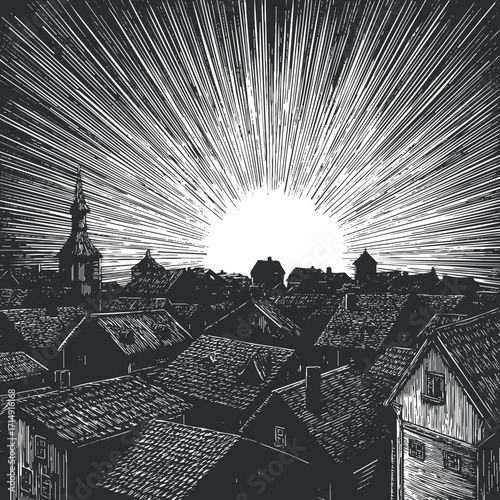A detailed black and white illustration depicting a village at sunrise with radiating light.