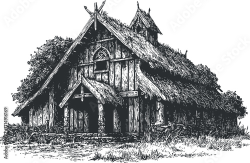 A detailed illustration of a traditional wooden house with a thatched roof in a rural setting.