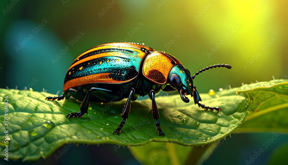 Naklejka premium Vibrant Beetle on Lush Green Leaf.
