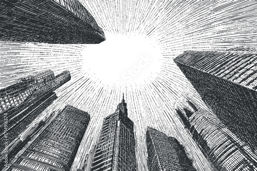 A dynamic illustration of skyscrapers viewed from below, showcasing a unique perspective of urban architecture.