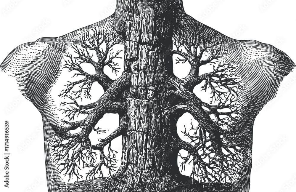 Fototapeta premium An artistic illustration blending human anatomy with tree branches and roots to symbolize life and connection.