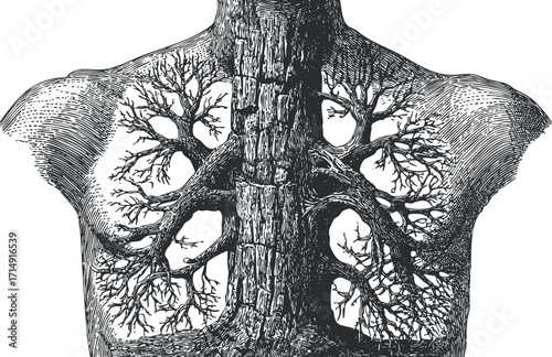 An artistic illustration blending human anatomy with tree branches and roots to symbolize life and connection.