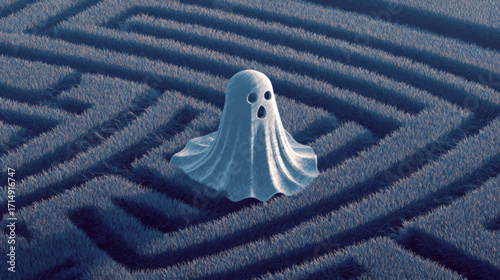 Lonely halloween ghost wandering in surreal blue maze field with eerie striped textured farmland.