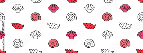 Seamless pattern with cute colorfull shell. Hand drawn travel and summer background with seashell. Cartoon flat pattern with sea objects, vector illustration