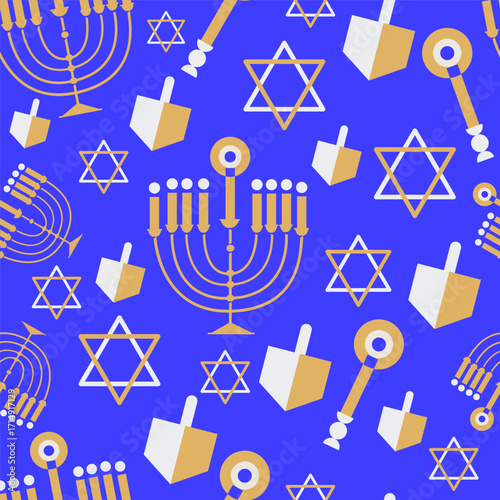 hanukkah seamless pattern with menorah, dreidel, and star of david in blue and gold festive card and poster design 
