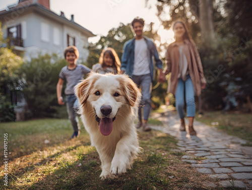 Happy family walking their dog together in suburban neighborhood, enjoying sunny day outdoors with children and pet, joyful and relaxed atmosphere